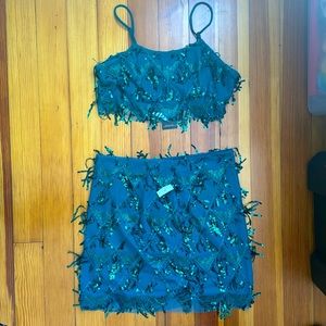 Crop Top and Skirt Sequin Teal Dress
